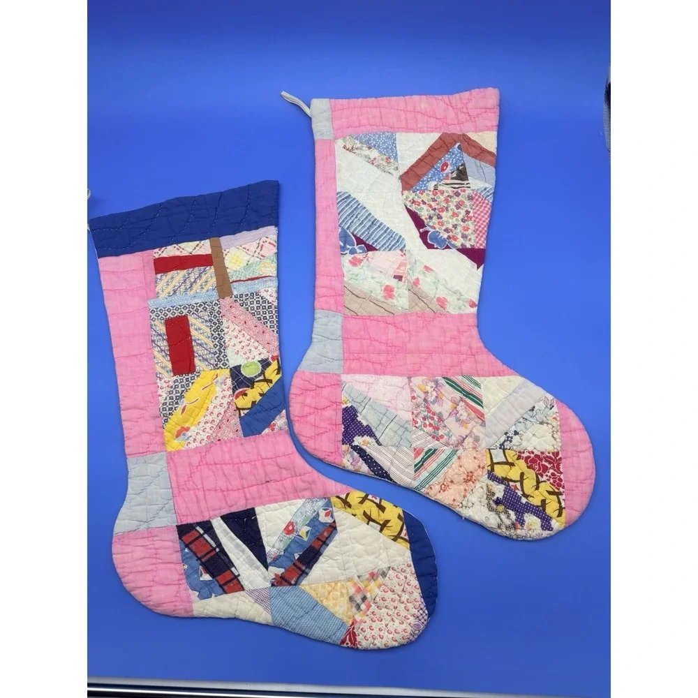 Vintage Handmade Patchwork Quilt Christmas Stockings Pair 23